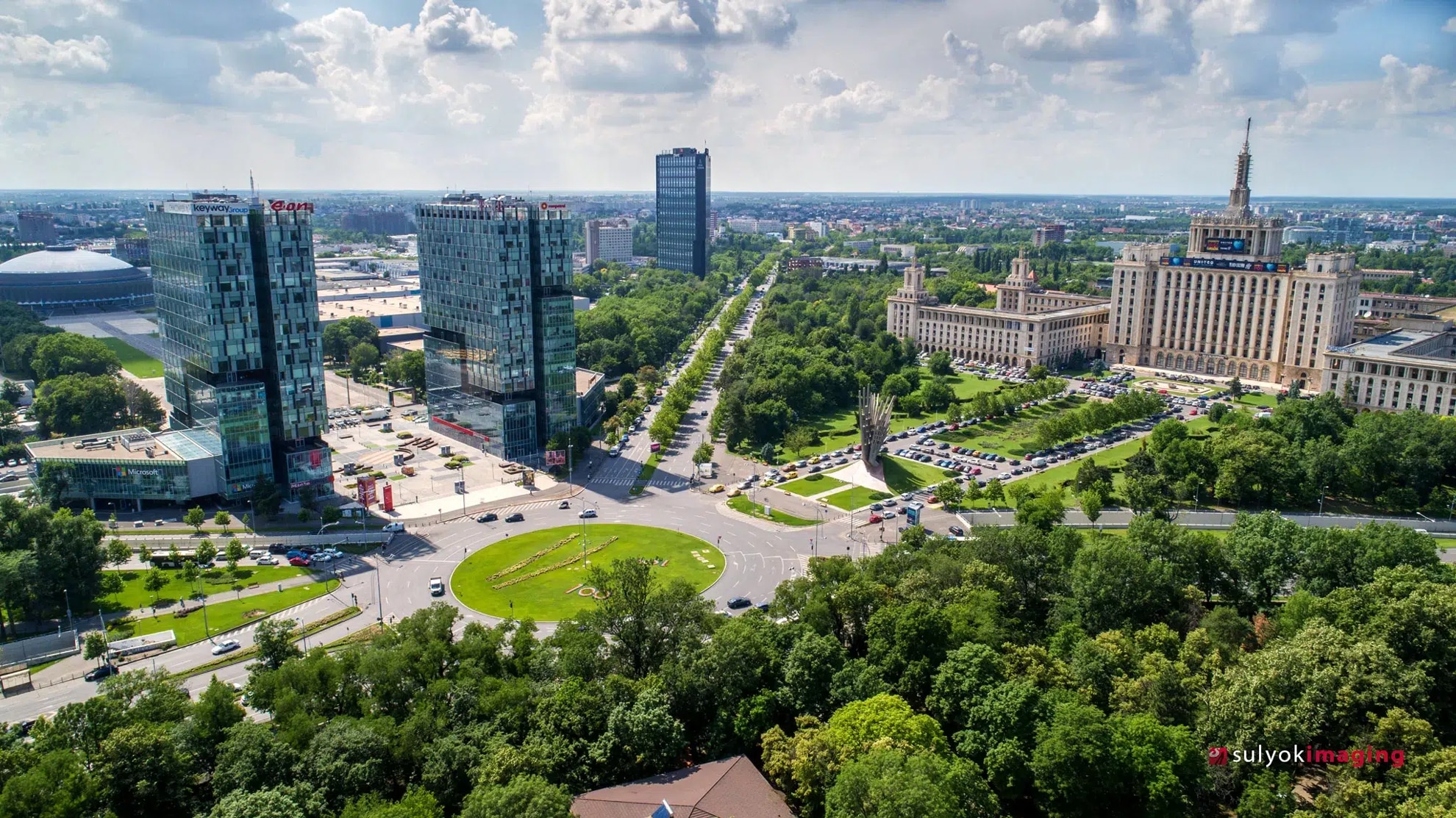 Drone aerial video production in Bucharest city skyline