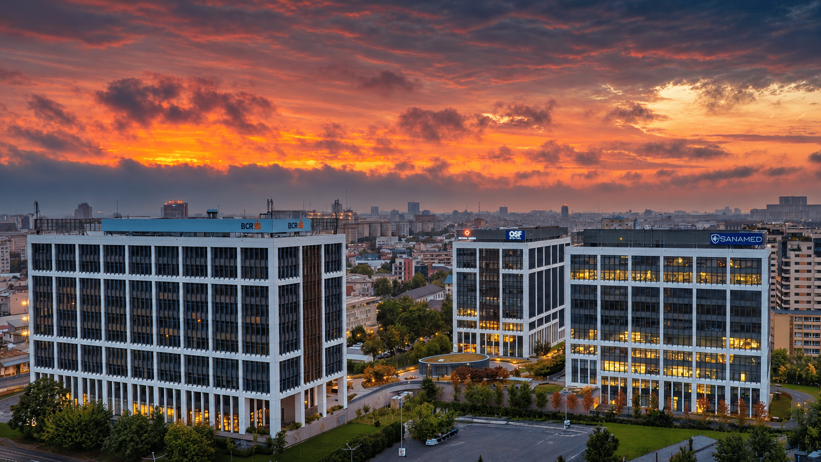Fotografie imobiliară aeriană la apus – arhitectura clădirilor de birouri Business Garden Bucharest, Vastint România